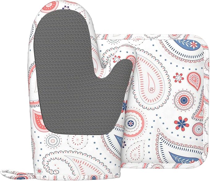 Silicone Oven Mitts and Pot Holders Sets, Home Pink Paisley Heat Resistant BBQ Gloves for Kitchen Baking Cooking Grilling Microwave