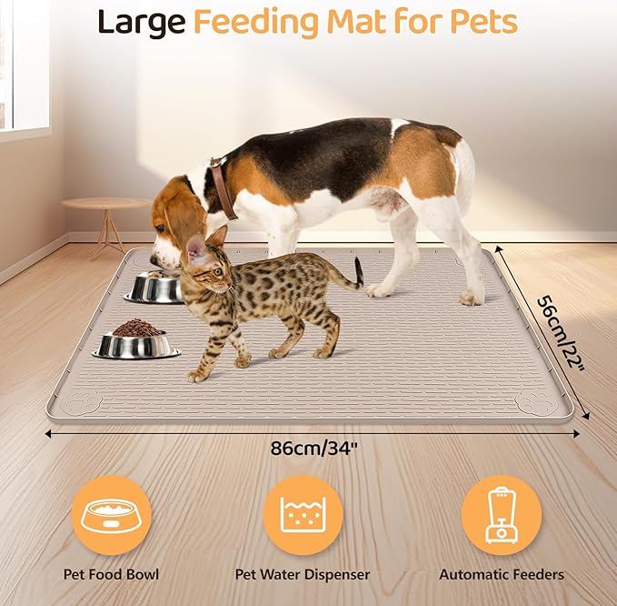 Bartuke Dog Food Mat, Extra Large 34" x 22" Silicone Pet Feeding Mat with Raised Edge Pet Placemat for Small, Medium, and Large Pets Non-Slip, Easy to Clean (Beige)