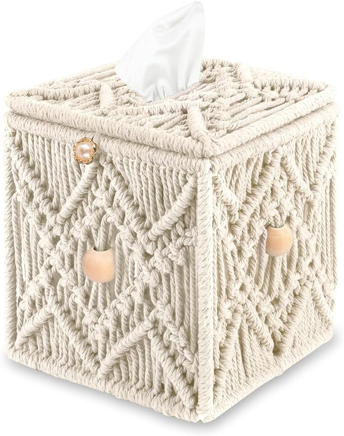 KaloKalo Handmade Tissue Box Cover Decorative Macrame Boho Square Tissue Holder Cotton Rope Woven Napkin Facial Paper Organizer Bohemian Desk Storage Container with Buckle Wood Beads (Ivory)