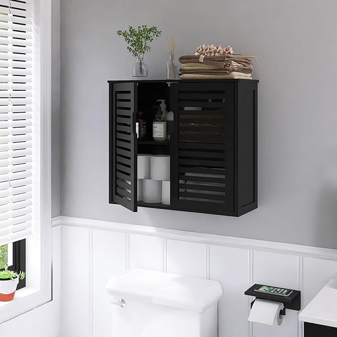 HITNET Black Bathroom Storage Cabinet, Hanging Medicine Cabinet with Adjustable Shelf, Bamboo Over The Toilet Wall Mounted Space Saver Organizer, Double Doors