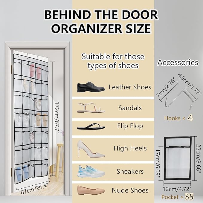 Auvotuis Over the Door Shoe Organizer, 35 Mesh Pockets Hanging Shoe Organizer with 4 Metal Hooks (White)