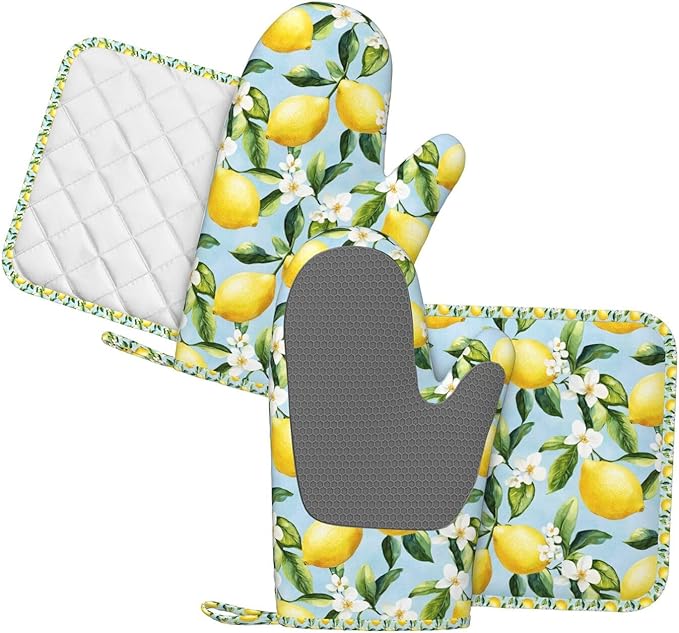 Oven Mitts Pot Holders Set Lemon Watercolor Flower Silicone Kitchen Gloves Potholders Heat Resistant for Chef Baking Cooking Grilling BBQ 4 Pack Mitt