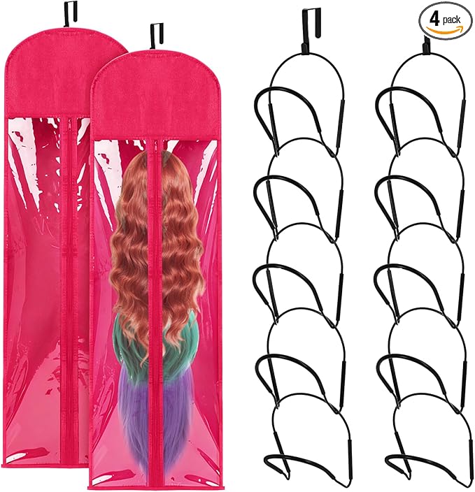 Blulu 10 Pcs 10 Pcs Wig Hangers Rack for Multiple Wigs with Dust-proof Storage Bags, Hanging Storage Organizer for Hat with Anti-slip Grips Space Saving for Door Wall Closet Bathroom (Hot Pink)
