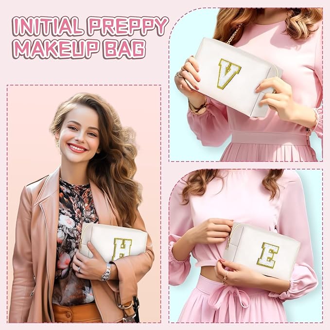 TOPEAST Personalized Makeup Bag, Chenille Letter Pouch Cosmetic Bag w Zipper, PU Leather Waterproof Toiletry Bag, Bridal Shower Gifts for Bridesmaids, Cute Stuff for Girls (White P)