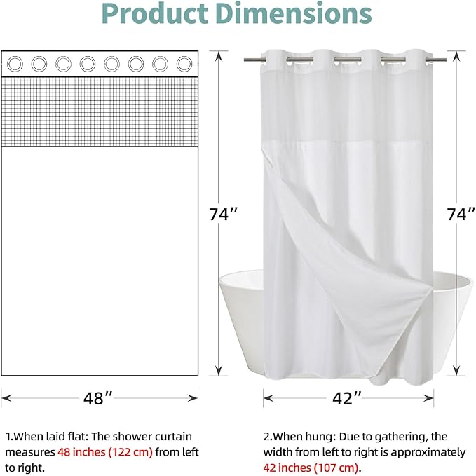 eachope White No Hook Waffle Weave Shower Curtain with snap-in Liner Replacement, 230GSM Waterproof Fabric Hotel Shower Curtain Set for Bathroom, Through Mesh Top Window,48Wx74H