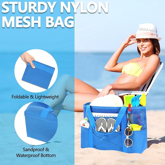 Fammart Mesh Beach Bag, Large Beach Tote with Zipper Pocket for Family Pool Bag for Toys & Vacation Essentials