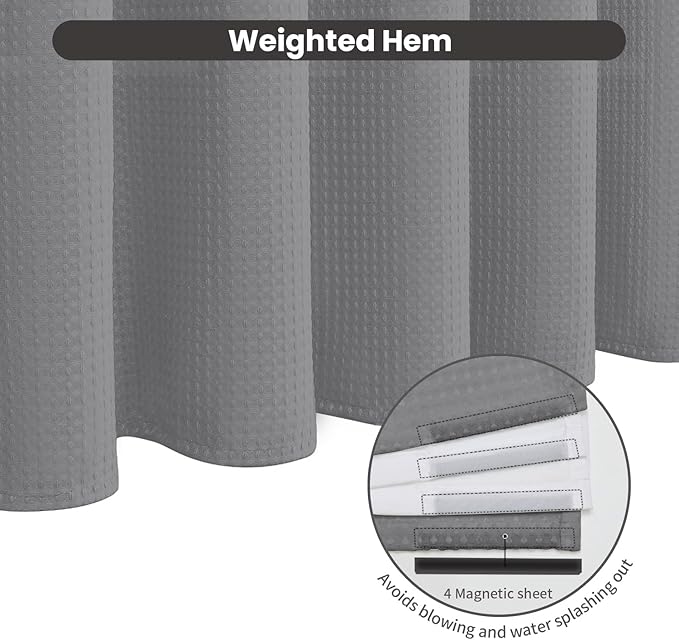 Inhousolu No Hook Waffle Weave Shower Curtain with Removable Snap in Fabric Liner Set for Bathroom, 230 GSM Heavy Duty Weighted Hem, Water Repellent Washable Bath Curtains, 72 x 78 Inch, Grey