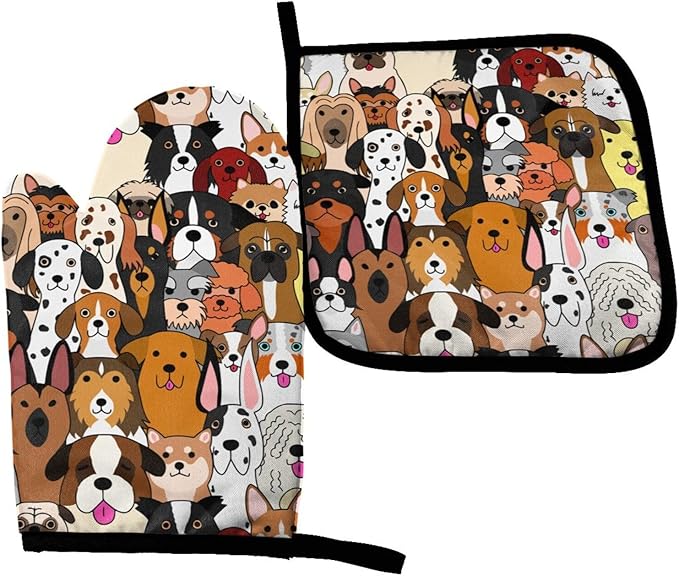 Cute Dogs Oven Mitts and Pot Holders Insulated Gloves & Kitchen Counter Safe Mats for Cooking BBQ Baking Grilling (2-Piece Set)