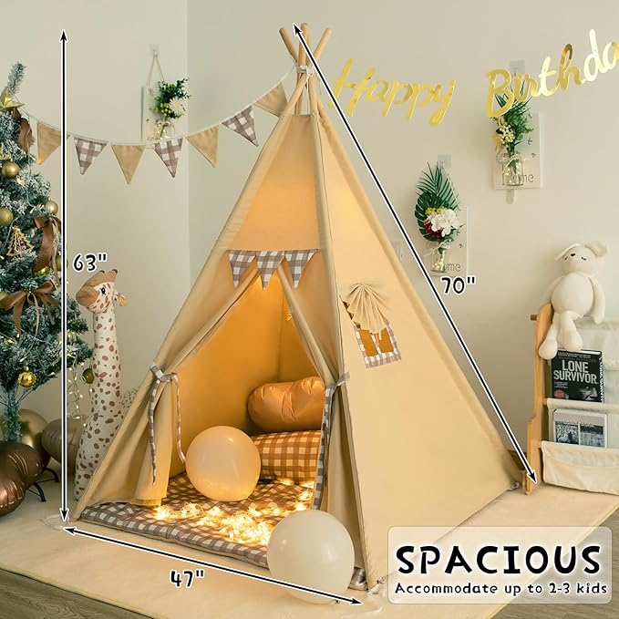 TreeBud Teepee Tent with Padded Mat Bunting Banner Fairy Lights - Print Gingham Kids Play Tent with Carry Bay for Indoor and Outdoor, Play House Toys for Toddler, Boys and Girls