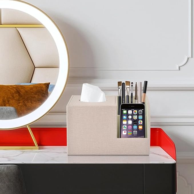 XNONE PU Leather Square Tissue Box Cover,Multifunctional Tissue Box Holder,Tissue Box with Storage,Tissue and Remote Control Holder,Tissue Box Decorative Desk Organizer for Home&Office,Beige