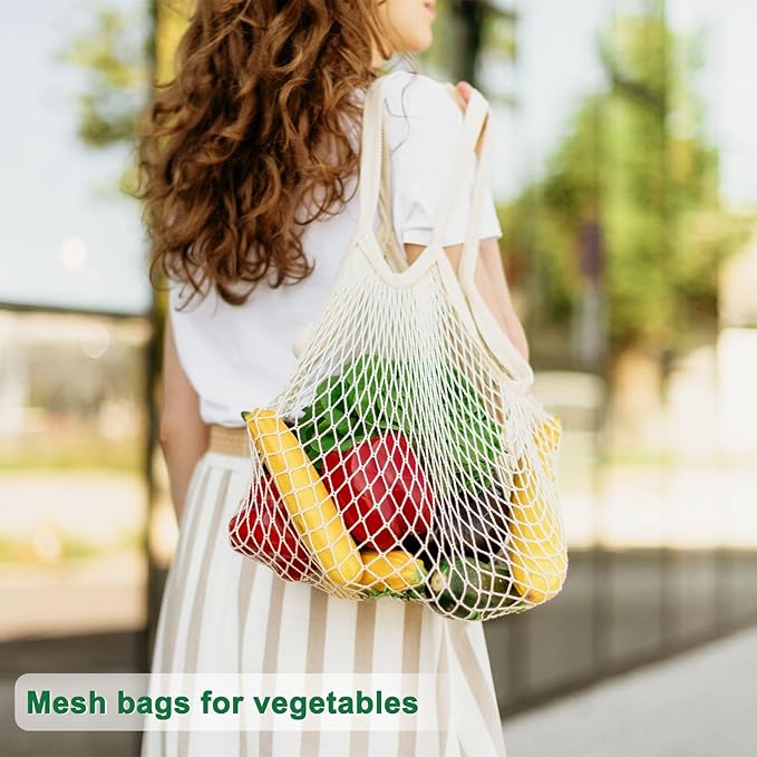 M METERXITY 2-Pack Cotton Mesh Bag, Reusable Washable Mesh Net String Grocery Bags, Reusable Produce Bags with Handle, Net Tote Bag for Fruits/Vegetables Shopping [Red, Long&Short Handle]