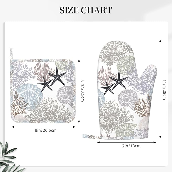Nautical Coastal Oven Mitts and Pot Holders Set, 4pcs Silicone Starfish Seashell Coral Beach Themed Oven Glove for Kitchen Heat Resistant Oven Mitts and Non-Slip Potholders Purple Grey