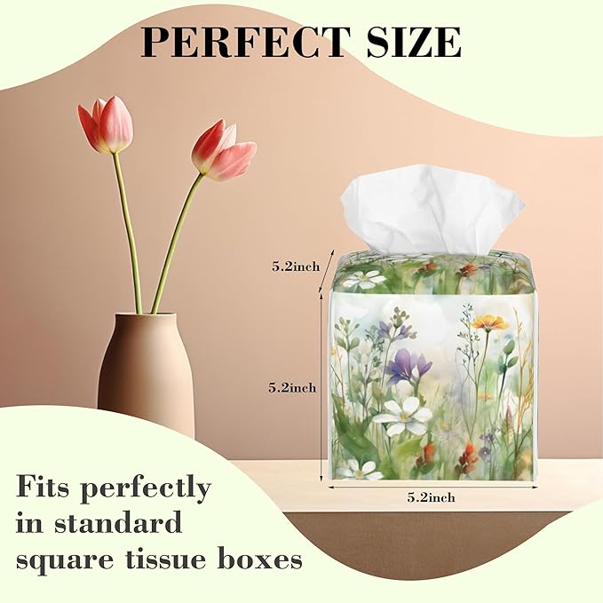 Watercolor Summer Flower Tissue Box Cover,Colorful Wildflower Floral Waterproof Leather Square Tissue Box Cover Case Facial Paper Organizer Dispenser Box Holder for Home Office Bathroom Vanity
