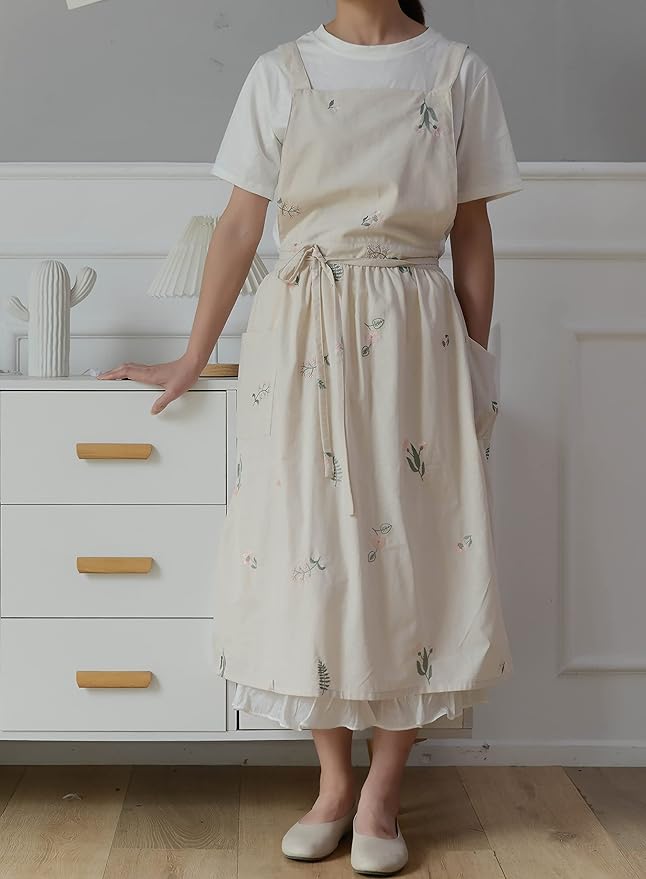Japanese apron Women-Cross Back Apron for Women with Pockets, Pinafore Aprons, Womens Cotton Linen Apron