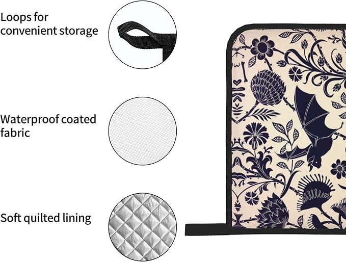Bats and Flower Oven Mitts and Pot Holders Sets of 4,Resistant Hot Pads with Polyester Non-Slip BBQ Gloves for Kitchen,Cooking,Baking,Grilling