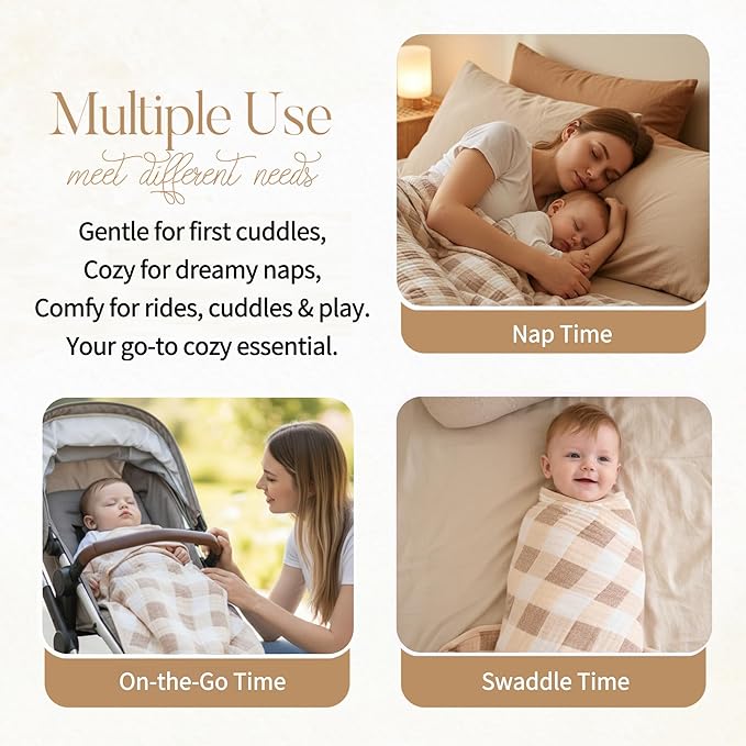 HardNok Ultra Soft Muslin Baby Blanket Made with Organic Cotton - Neutral Earth Tone Checkered Swaddle & Nursery Quilt, 43x43 (Beige-Coffee Checkered)