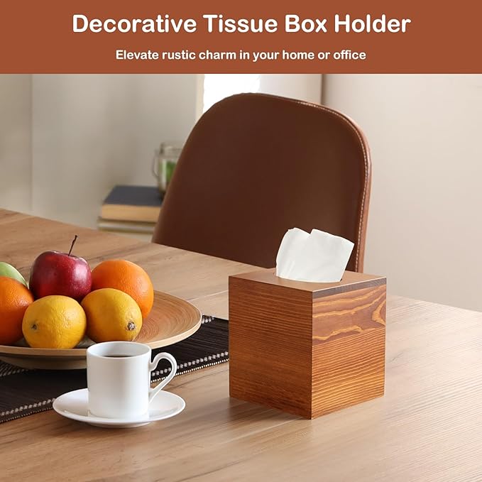 GCWSTJK Tissue Box Cover Square, Cube Wooden Tissue Box Holder, Decorative Facial Tissue Dispener for Vanity Toilet Tank Dresser Nights Stand Kitchen Table Countertop Office, Brown