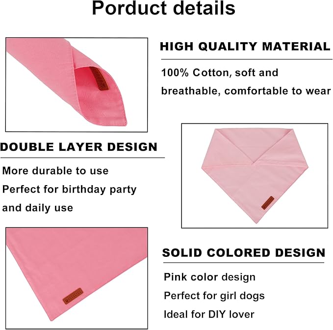 ADOGGYGO 2 Pack Pink Dog Bandanas, Soft Cotton Solid Color Pet Triangle Scarf, Adjustable DIY Pink Girl Birthday Bandanas for Medium Large Dogs (Large)