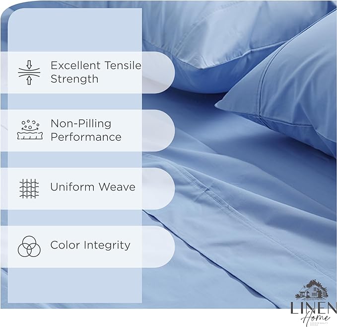 Linen Home 100% Cotton Percale Sheet Set, King Size, Baby Blue, Deep Pocket, 6 Pieces Set - 1 Flat, 1 Deep Pocket Fitted Sheet and 4 Pillowcases, Crisp Cool and Strong Bed Linen