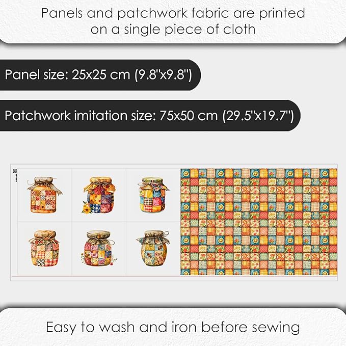 Patchwork Honey Jar Cotton Fabric Panel – 6 Designs (10×10 inch Each) + Bonus Sheet 29.5×19.6 inch, 100% Cotton 140 GSM, Made in Türkiye