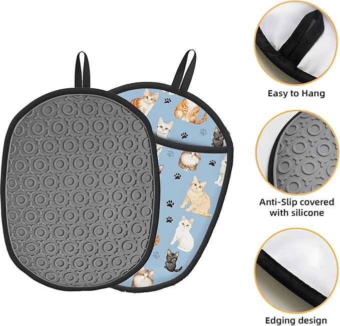 Pot Holders 2 Pack Silicone, Cotton Lining, Heat Resistant to 500°F (260°C), Non-Slip Grip, 7.5"x9.4" Oval Kitchen Hot Pads for Oven, Cooking (Cat, Potholders)