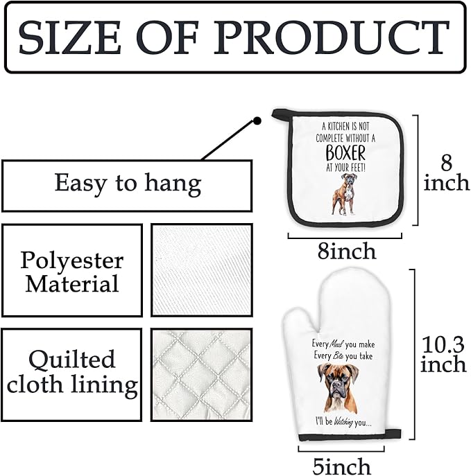 Boxer Dog Gifts Oven Mitts and Pot Holders Sets, Boxer Dog Decor Kitchen Accessories Sets, Complete Without a Boxer Dog Heat Resistant Oven Glove Potholders for Kitchen Baking Cooking