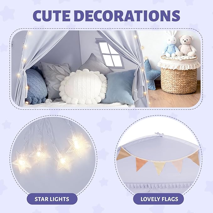 Sumbababy Large Teepee Tent for Kids: with Star Lights - Tent for Toddler Indoor Kids Teepee Tent for Boys & Girls - Toddler Play Tent Inside Canopy Bed for Playroom Gift Toys (Gray)