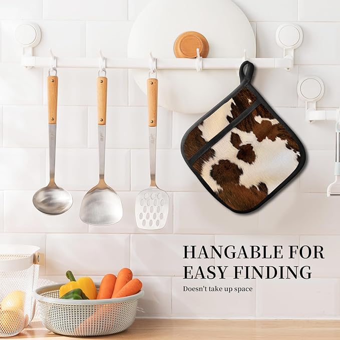 Pot Holders for Kitchen, Heat Resistance Hot Pads, Cute Potholder with Pocket for Kitchen Cooking Baking, Brown Cowhide