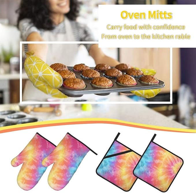 Oven Mitts and Pot Holders Sets of 4 Colorful Tie Dye Kitchen Potholder Gloves Heat Resistant Non-Slip for Chef Baking Cooking Grilling BBQ Mittens