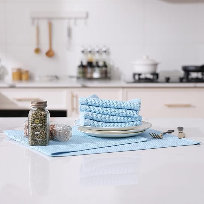 Kitinjoy 100% Cotton Waffle Weave Kitchen Towels (13 X 28 Inches, Sky Blue), 12-Pack Super Soft and Absorbent Dish Towels for Drying Dishes, Kitchen Hand Towels