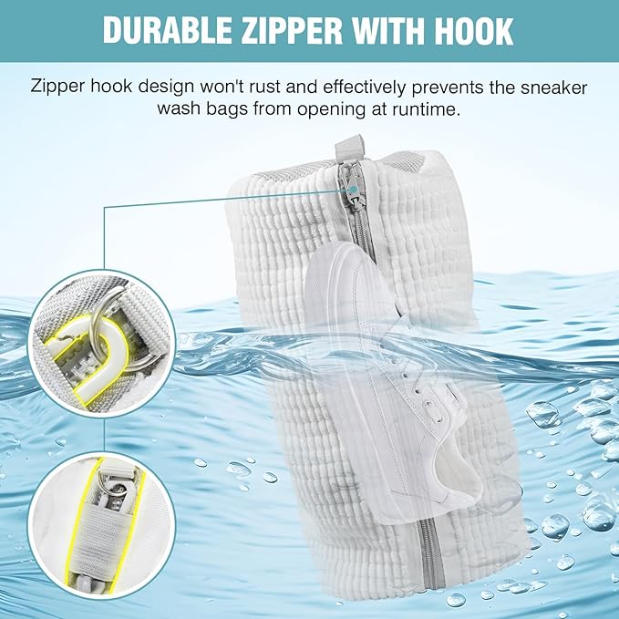 2 Pcs Shoe Washing Machine Bags with 4 Adjustable Shoe Trees, XXL Laundry Bags for Washer and Dryer, Sturdy Zipper with Hook Design, Reusable Cleaning Bag for Sneaker, Tennis (White)