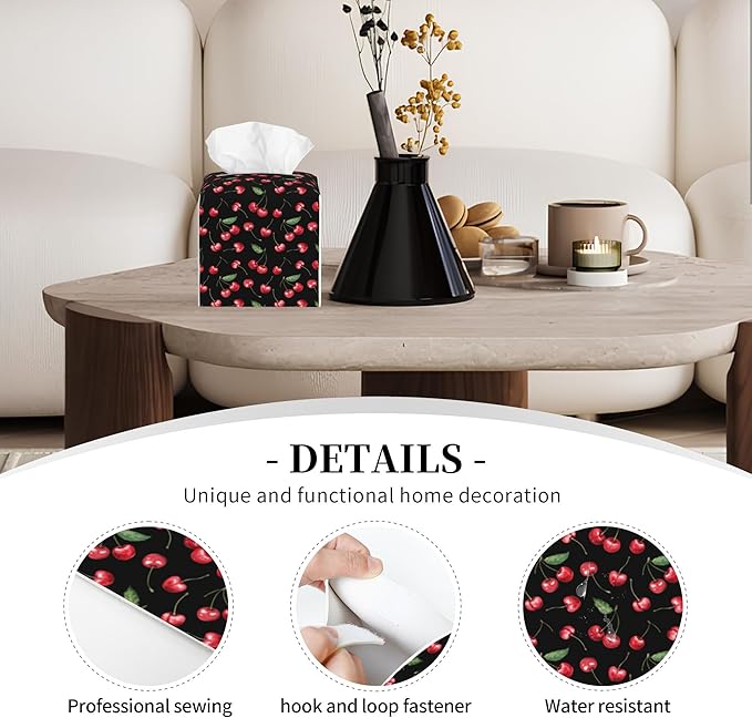 POIUBLE Tissue Box Holder Cherry Fruit Tissue Box Cover Square Leather Tissue Holder Organizer Portable Decorative Facial Paper Case for Home Office Bathroom Vanity Countertop