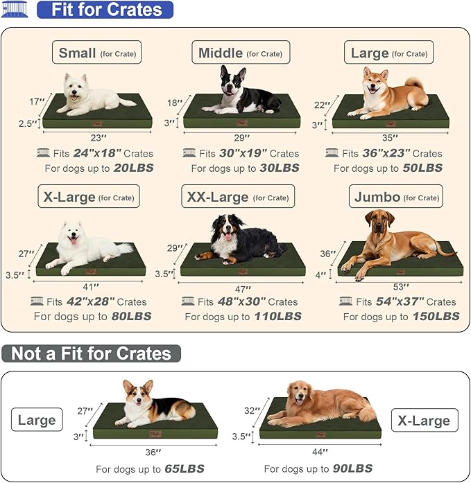 Tail Stories Plush Dog Bed for Medium Dogs, Waterproof Dog Crate Mat Orthopedic Egg Crate Foam Pet Bed with Washable Removable Oxford Cover, Olive Green