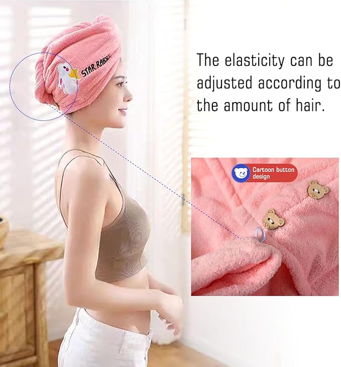AGKXHDEC 1 Pack Double Layer Microfiber Hair Towel, Hair Turbans for Wet Hair，Pink with Rabbit