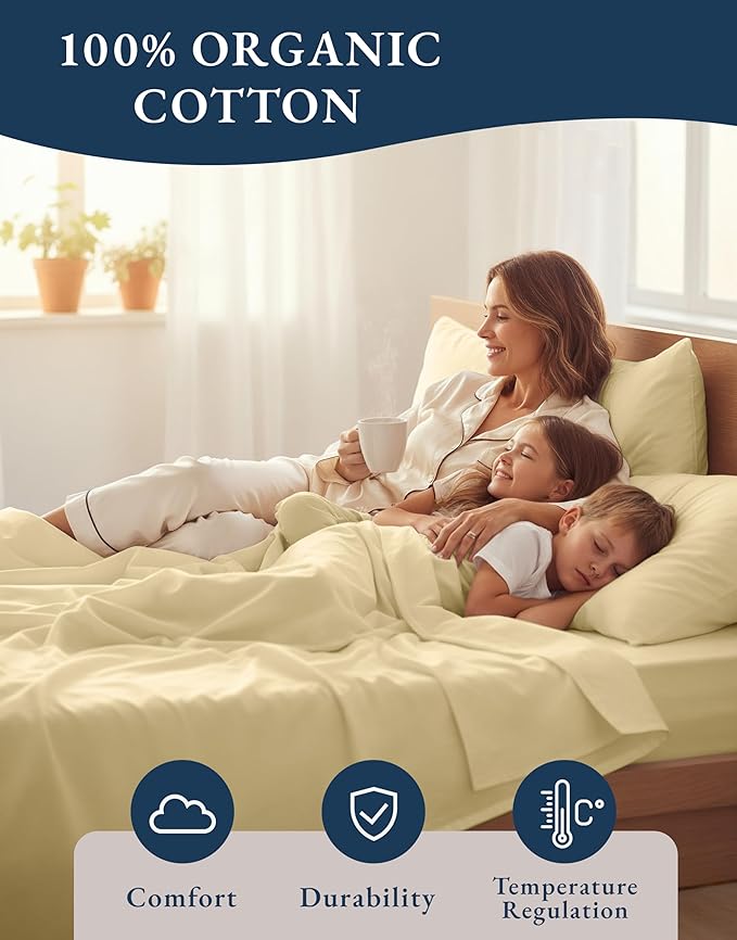 LANE LINEN 100% Organic Cotton King Size Bed Sheets, All Season Soft & Comfy Fully Elasticized Mercized Cotton King Sheets, 15" Deep Pocket Luxury Bed Sheets King Size- Vanilla