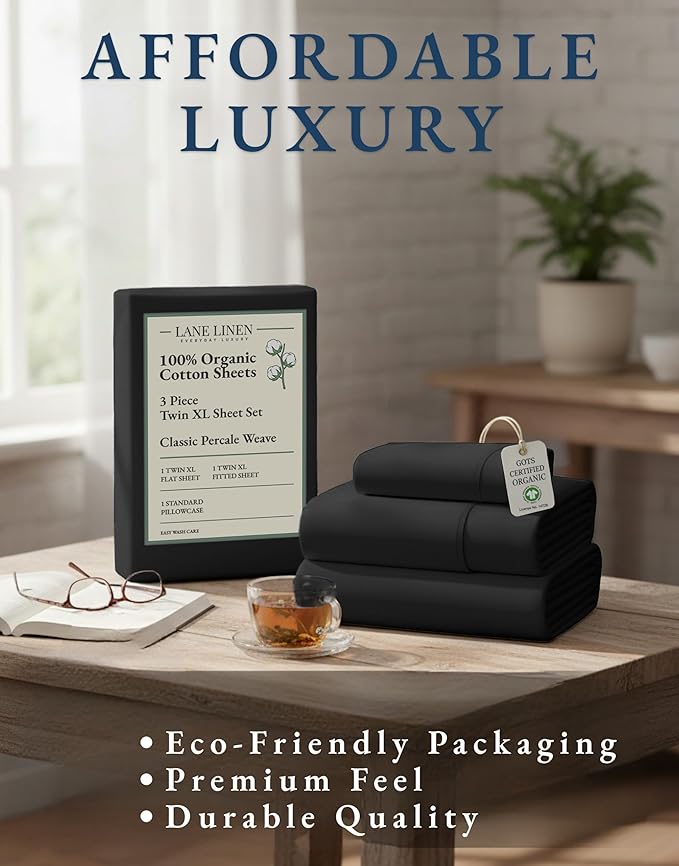 LANE LINEN 100% Organic Cotton Bed Sheets Extra Long Twin, Soft & Comfy Fully Elasticized Percale Perfect for Hospital Bed & Dorm Room, Low Pilling Machine Washable Twin XL Sheet- Black
