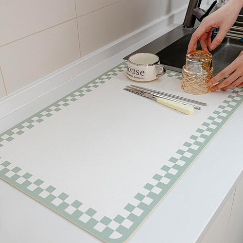 2PCS Non-slip Dish Drying Mats Black Sage Beige Checkered Coffee Bar Mat for Countertops 24''x16'',Sage White