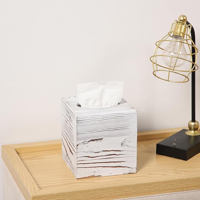 CATORY Tissue Box Cover, Wood Tissue Box Cover Square, Farmhouse Tissue Box Holder Covers Your Tissues, Decorative Tissue Cube Box Cover with Slide-Out Bottom (White)