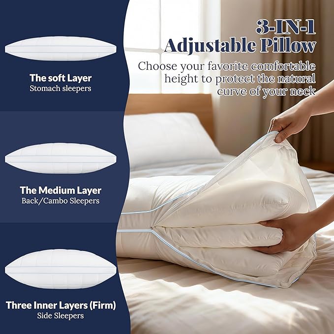 PlushHavenCloud 3-in-1 Adjustable Pillows Bed Pillow King Size Set of 2 - Luxury Hotel Collection Pillows for Sleeping, Customizable Firmness & Height Pillow for Back, Stomach or Side Sleepers