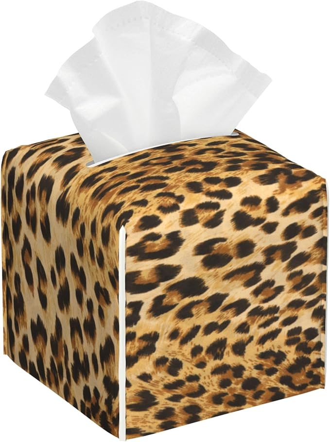 POIUBLE Tissue Box Holder Leopard Cheetah Animal Skin Tissue Box Cover Square Leather Tissue Holder Organizer Portable Decorative Facial Paper Case for Home Office Bathroom Vanity Countertop