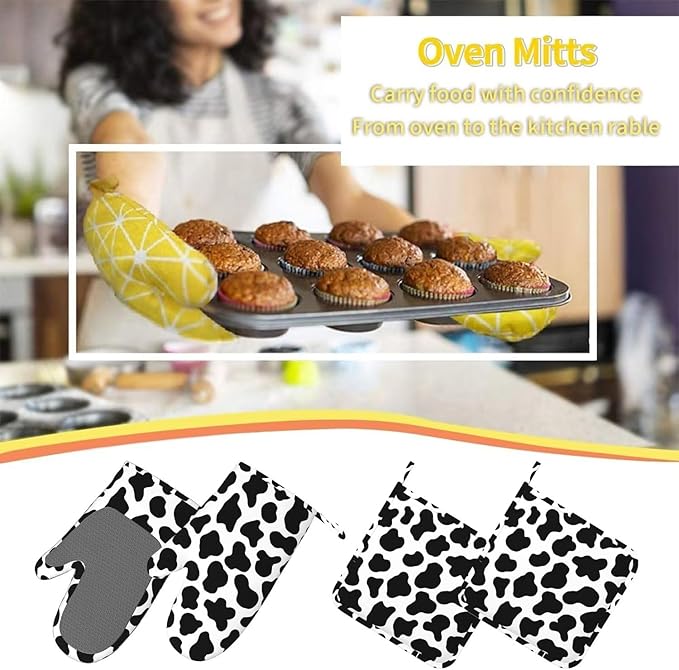 Cow Print Oven Mitts and Pot Holders with Apron 5pcs Silicone Black White Cow Kitchen Mitten Gloves and Non-Slip Potholders Apron Set Heat Resistant Cowhide Oven Gloves Hot Pads for Baking