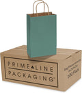 Prime Line Packaging Mini Green Gift Bags with Handles, Kraft Paper Shopping Bags for Treats, Goodies, Party Favors, Christmas, Holidays, Bulk, 6x3x9, 100 Pack