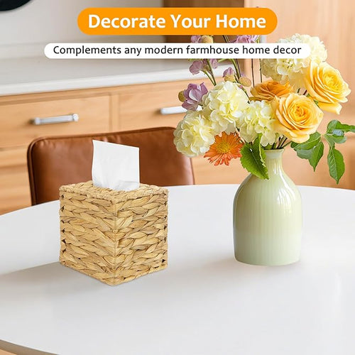 4 Pack Water Hyacinth Tissue Box Cover – Handwoven Rattan Square Holder, Natural Boho Decorative Organizer for Facial Tissues in Bathroom, Living Room, Bedroom & Office