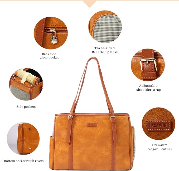 Lasaviin Fashion Dog Purse Pet Carrier Leather Bag for Small Dogs Cats Puppy, Portable Tote Bag Airline Approved Soft-Sided Carriers (Brown)
