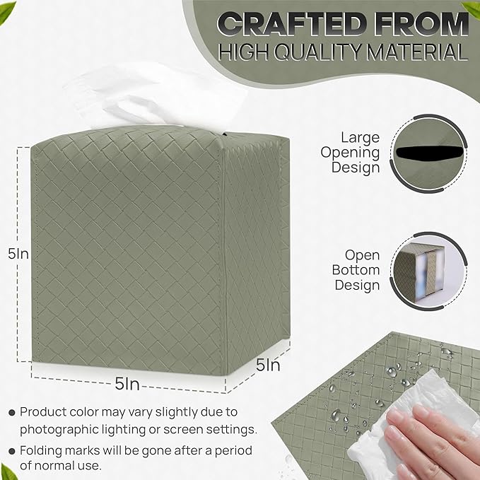 Tissue Box Cover Holder, PU Leather Tissue Box Cover with Braided Pattern, Square Tissue Holder with Bottom Belt, Modern Organizer for Bathroom, Car, Office,(Rock Gray Green, 12 Braided Patterns)