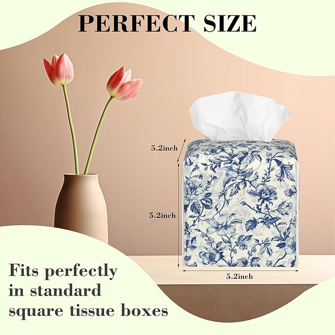 Vintage Blue Floral Flowers Tissue Box Cover Square Leather Tissue Holder Waterproof Facial Paper Organizer Dispenser Cube Paper Cover Case for Home Office Bathroom Vanity Countertop