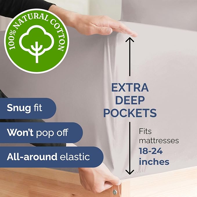 Extra Deep Pockets 400 Thread Count 100% Cotton 4 Piece Queen Size Bedding Sheet Set - Breathable & Cooling - Hotel Luxury Bed Sheets Set - Soft, Wrinkle Free And Comfy Light Grey Bedding Sheets Set
