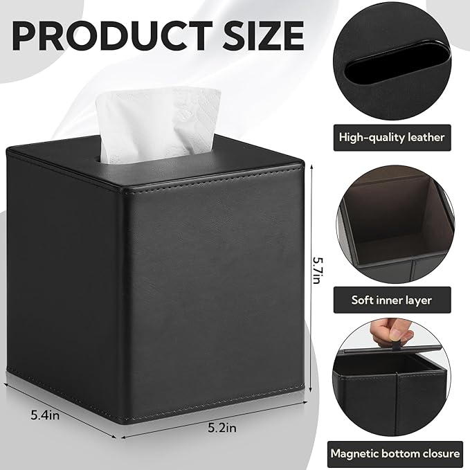 4 Pack PU Leather Tissue Box Cover Square Tissue Box Holder with Magnetic Closure, Black Tissue Box Cover, Black Tissue Box Holder, Decorative Tissue Holder for Bathroom Bedroom Office