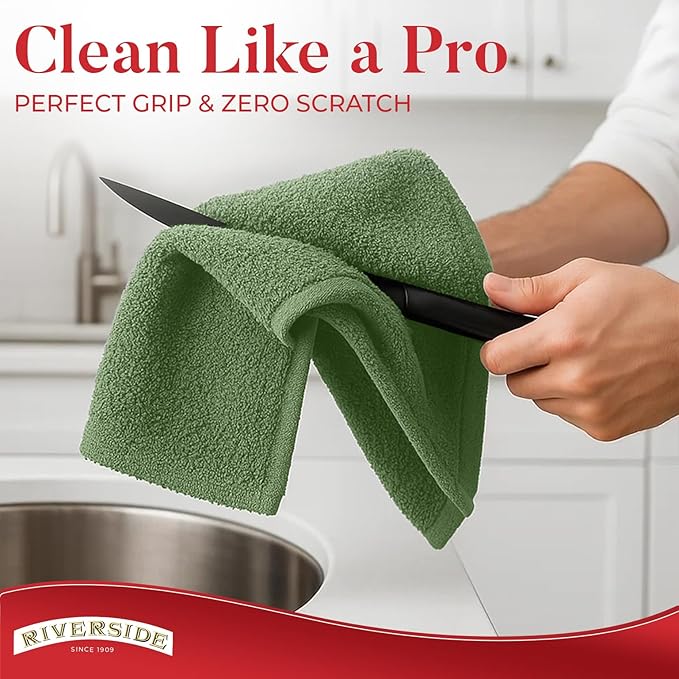 RIVERSIDE Bar Mop Towels Pack of 12, 16x19 Inches, 100% Ring Spun Cotton Terry Cloth Kitchen Towel, Highly Absorbent & Reusable Multipurpose Cleaning Rags for Bathroom, Hotel, Restaurant, Sage Green