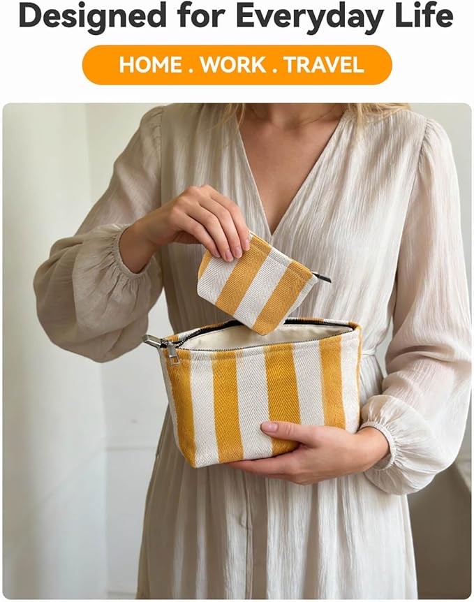 2 Pcs Makeup Bag Set, Women Gifts, Travel Cosmetic Bags, Canvas Make up Bag for Purse, Yellow Striped Makeup Pouch with Zipper Lining, Cosmetic Storage Car Organizer, Portable Large & Small Toiletry